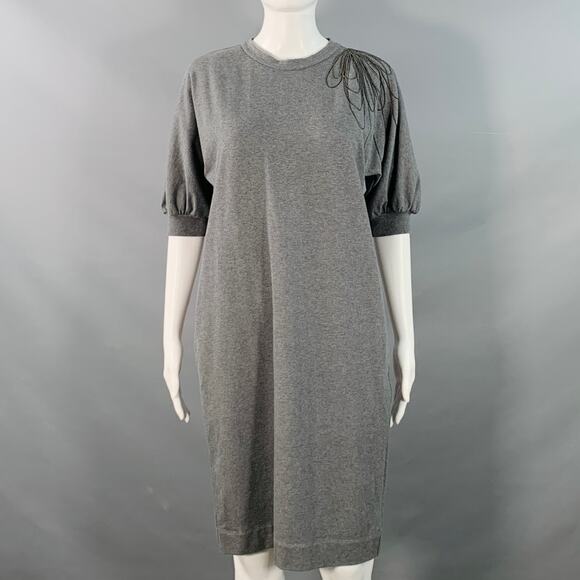 Size S Grey Cotton Blend Jersey Floral Monili Beaded Midi T-shirt Dress - Picture 1 of 7